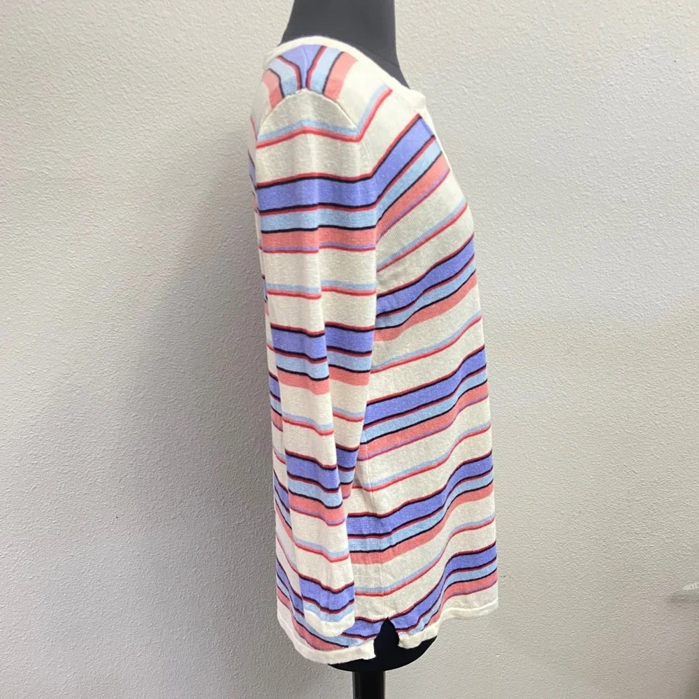 Talbots Womens PM Multi Stripe Linen Blend Split Neck‎ Sweater NEW 3/4 Sleeve